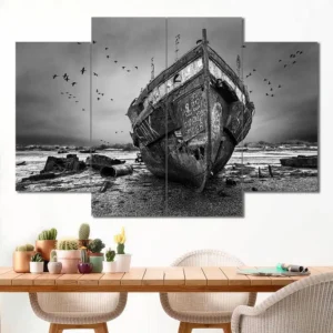 Abandoned Boat Canvas Wall Art featuring abandoned boat in a landscape composition 4 Panels Diamond Layout