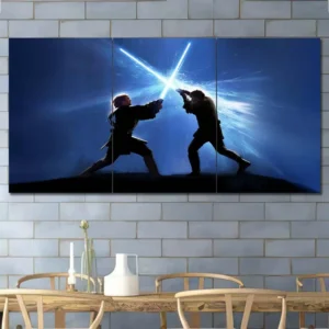 Anakin Obi-Wan Lightsaber Duel Wall Art – Blue Energy Silhouette