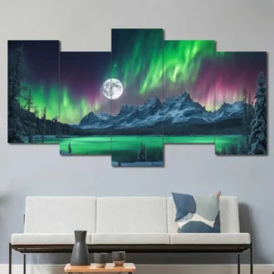 Aurora Mountain Lake Canvas Wall Art featuring aurora mountain lake in a landscape composition 5 Panels Uneven Layout