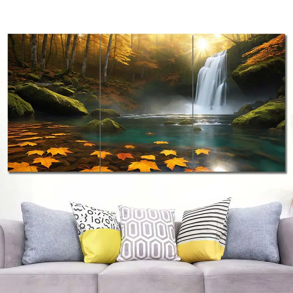 Autumn Waterfall Canvas Wall Art featuring autumn waterfall in a landscape composition 3 Panels Regular Layout