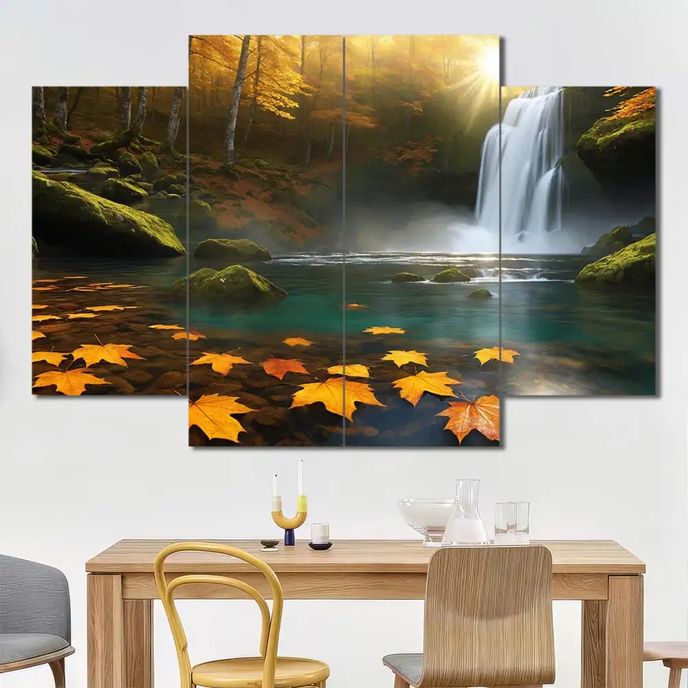 Autumn Waterfall Canvas Wall Art featuring autumn waterfall in a landscape composition 4 Panels Diamond Layout