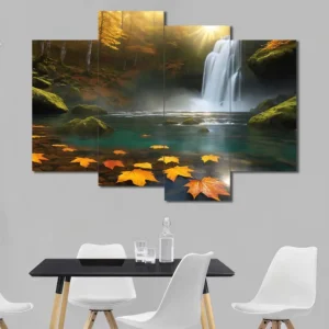 Autumn Waterfall Canvas Wall Art featuring autumn waterfall in a landscape composition 4 Panels Uneven Layout