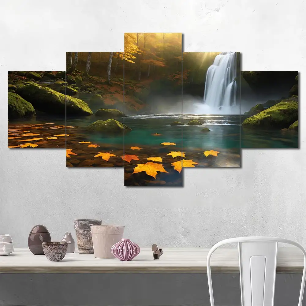 Autumn Waterfall Canvas Wall Art featuring autumn waterfall in a landscape composition 5 Panels Diamond Layout