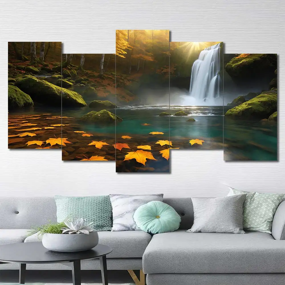 Autumn Waterfall Canvas Wall Art featuring autumn waterfall in a landscape composition 5 Panels Uneven Layout