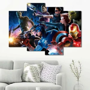 Avengers superhero action wall art featuring Iron Man Hulk Hawkeye and Captain America 4 Panels Uneven Layout