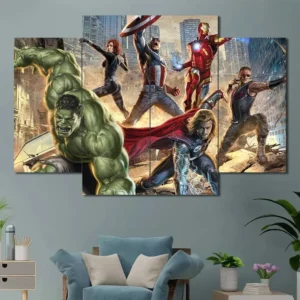 Avengers wall art featuring Hulk Thor Iron Man and Spider-Man in battle 4 Panels Diamond Layout