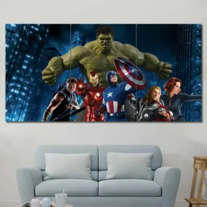 Marvel Avengers wall art with Hulk Captain America and Iron Man preparing for battle 3 Panels Regular Layout