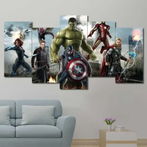 Classic Avengers team wall art featuring iconic Marvel superheroes 5 Panels Uneven Layout