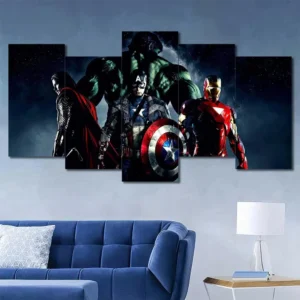 Dark Avengers wall art featuring Captain America Thor and Iron Man in dramatic lighting 5 Panels Uneven Layout