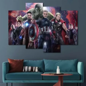 Avengers team canvas wall art featuring iconic heroes in a cinematic composition 4 Panels Uneven Layout