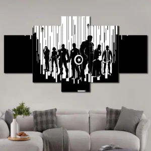 Minimalist Avengers silhouette wall art with modern black and white design 5 Panels Diamond Layout