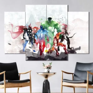 Minimalist watercolor Avengers wall art with artistic superhero silhouettes 4 Panels Diamond Layout