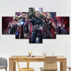 Classic Avengers team canvas wall art featuring Iron Man Captain America Thor and Black Widow 5 Panels Diamond Layout