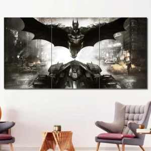 Batman Arkham Knight canvas wall art featuring Batmobile and Gotham City 3 Panels Regular Layout