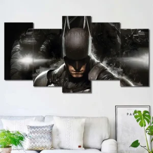 Batman armored wall art featuring futuristic armor and dramatic lighting 5 Panels Uneven Layout