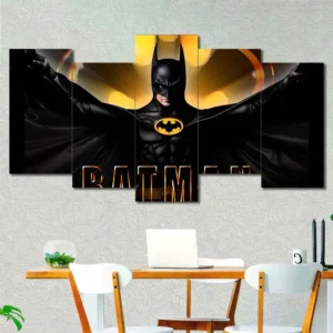 Batman movie poster wall art featuring the iconic bat symbol and cinematic design 5 Panels Uneven Layout