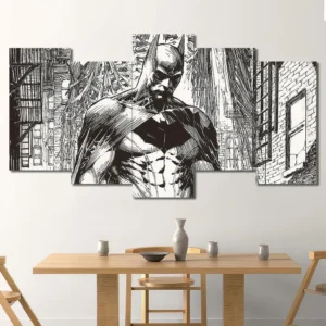 Batman comic sketch wall art featuring black and white graphic novel artwork 5 Panels Uneven Layout