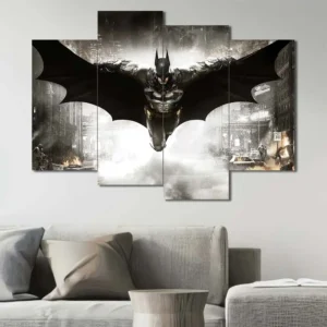 Batman canvas wall art featuring Gotham skyline and dramatic flight pose 4 Panels Uneven Layout