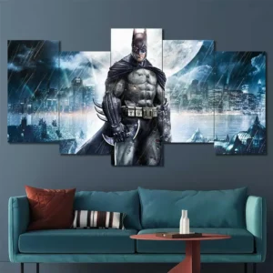 Batman canvas wall art featuring Gotham City and cinematic superhero atmosphere 5 Panels Uneven Layout