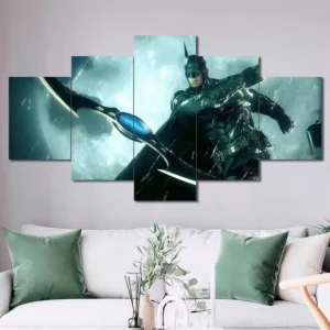 Batman wall art featuring Gotham skyline and heroic action pose 5 Panels Diamond Layout