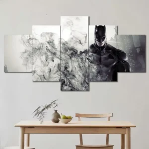 Batman wall art featuring dramatic smoke effects and shadowy superhero portrait 5 Panels Diamond Layout