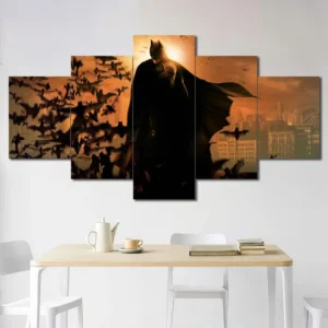 Batman silhouette wall art featuring sunset skyline and dramatic atmosphere 5 Panels Diamond Layout