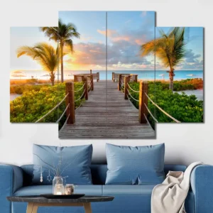 Beach Boardwalk Canvas Wall Art featuring beach boardwalk in a landscape composition 4 Panels Diamond Layout