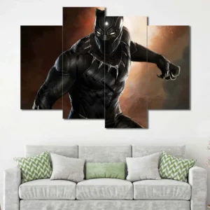 Black Panther canvas wall art featuring dynamic battle pose and cinematic lighting 4 Panels Uneven Layout