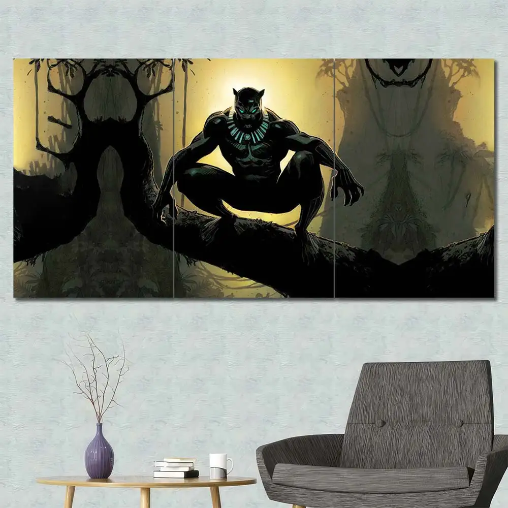 Black Panther wall art featuring jungle scenery and stealth hunter pose 3 Panels Regular Layout