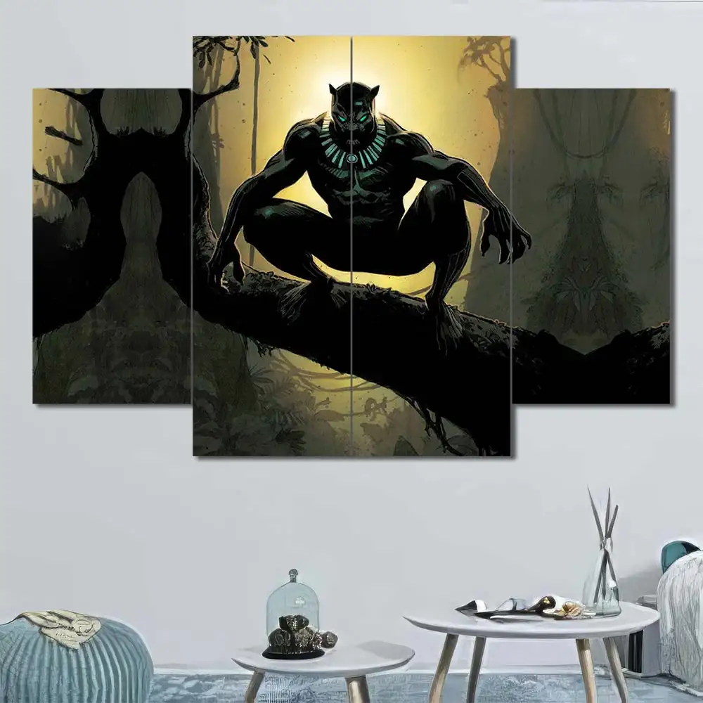 Black Panther wall art featuring jungle scenery and stealth hunter pose 4 Panels Diamond Layout