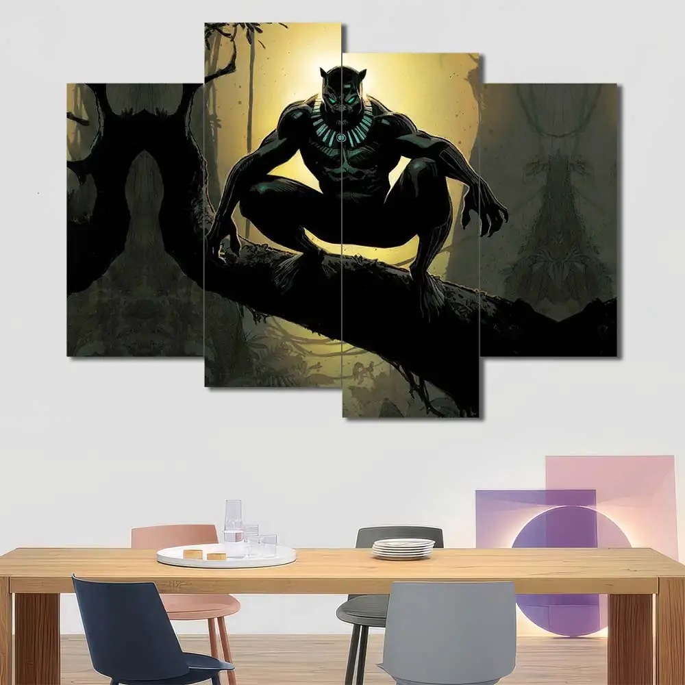 Black Panther wall art featuring jungle scenery and stealth hunter pose 4 Panels Uneven Layout