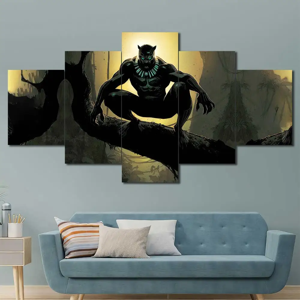 Black Panther wall art featuring jungle scenery and stealth hunter pose 5 Panels Diamond Layout