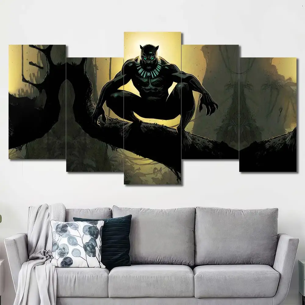 Black Panther wall art featuring jungle scenery and stealth hunter pose 5 Panels Uneven Layout