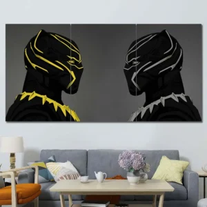 Black Panther wall art featuring Wakandan symbolism and dual character portrait 3 Panels Regular Layout