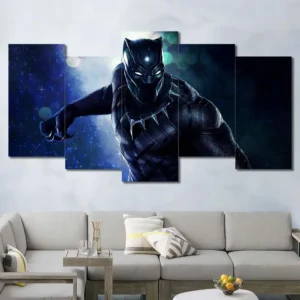 Black Panther canvas wall art featuring moonlit Wakandan atmosphere and heroic pose 5 Panels Uneven Layout