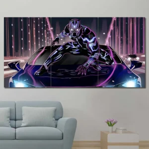 Black Panther wall art featuring futuristic sports car and neon city atmosphere 3 Panels Regular Layout