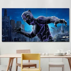 Black Panther wall art featuring futuristic Wakanda skyline and superhero action 3 Panels Regular Layout