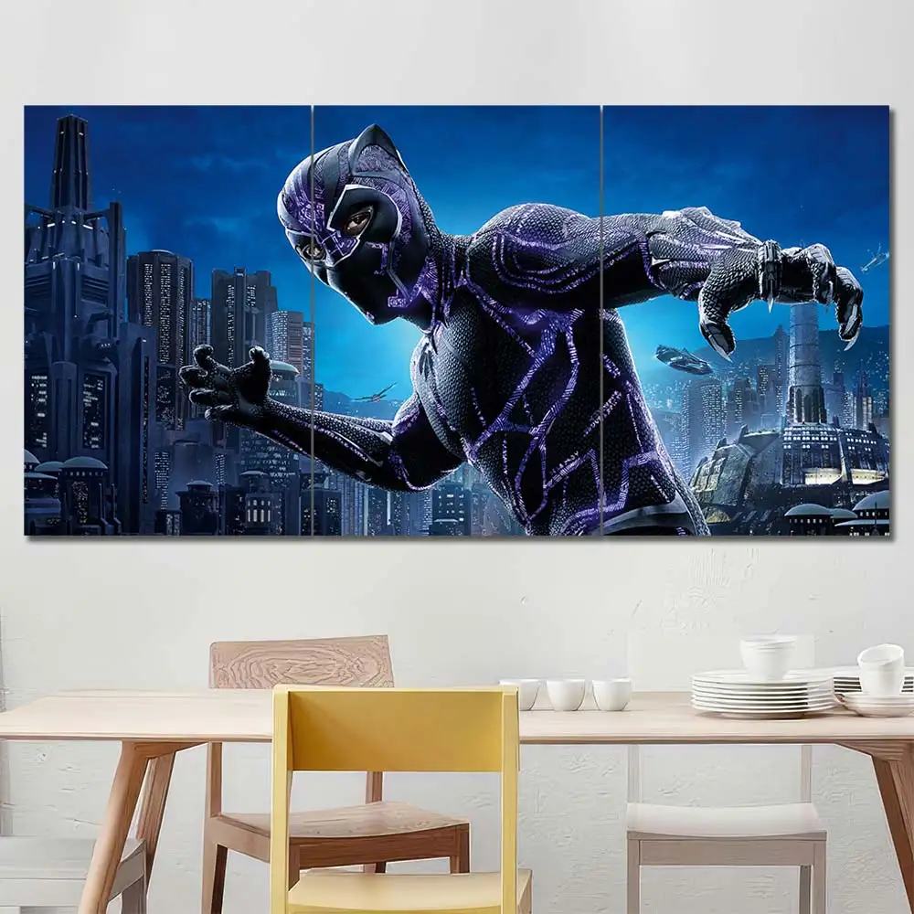 Black Panther wall art featuring futuristic Wakanda skyline and superhero action 3 Panels Regular Layout