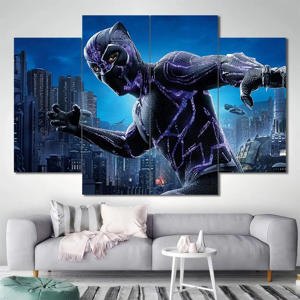 Black Panther wall art featuring futuristic Wakanda skyline and superhero action 4 Panels Diamond Layout