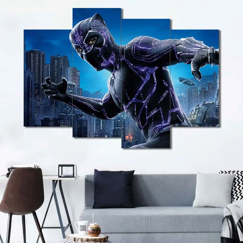 Black Panther wall art featuring futuristic Wakanda skyline and superhero action 4 Panels Uneven Layout
