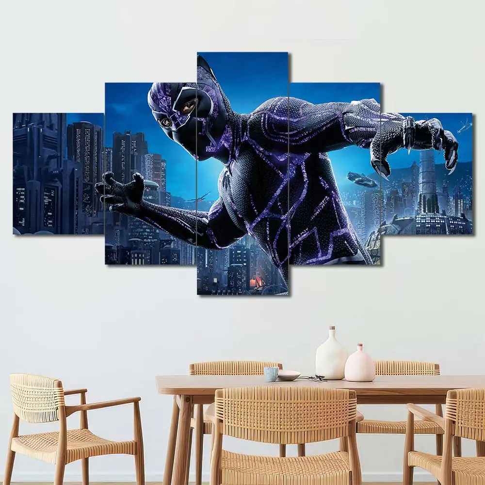 Black Panther wall art featuring futuristic Wakanda skyline and superhero action 5 Panels Diamond Layout
