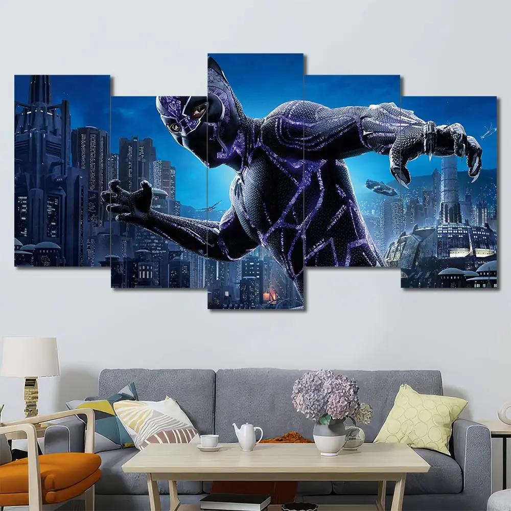 Black Panther wall art featuring futuristic Wakanda skyline and superhero action 5 Panels Uneven Layout