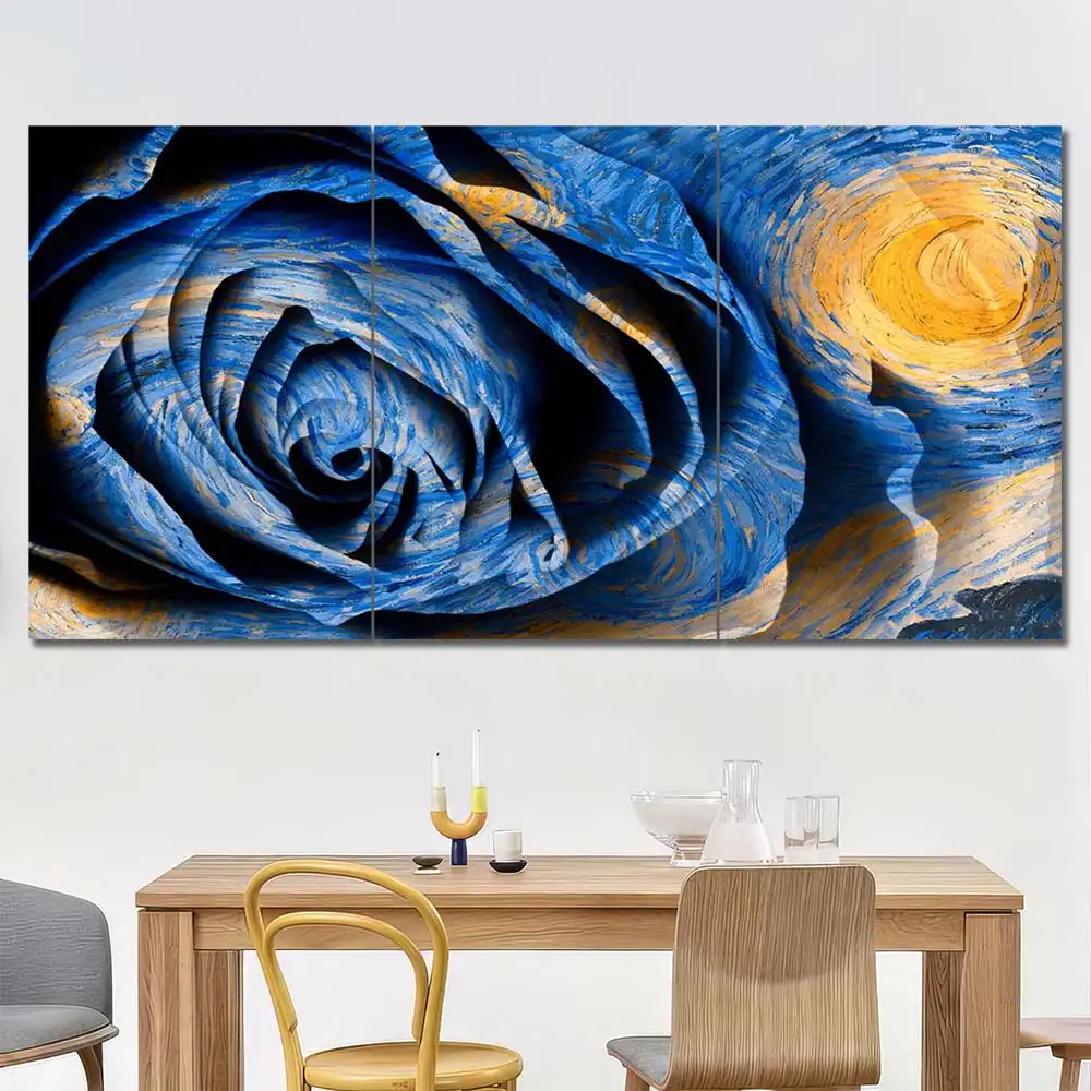 Blue Rose Canvas Wall Art featuring blue rose in a digital art composition 3 Panels Regular Layout