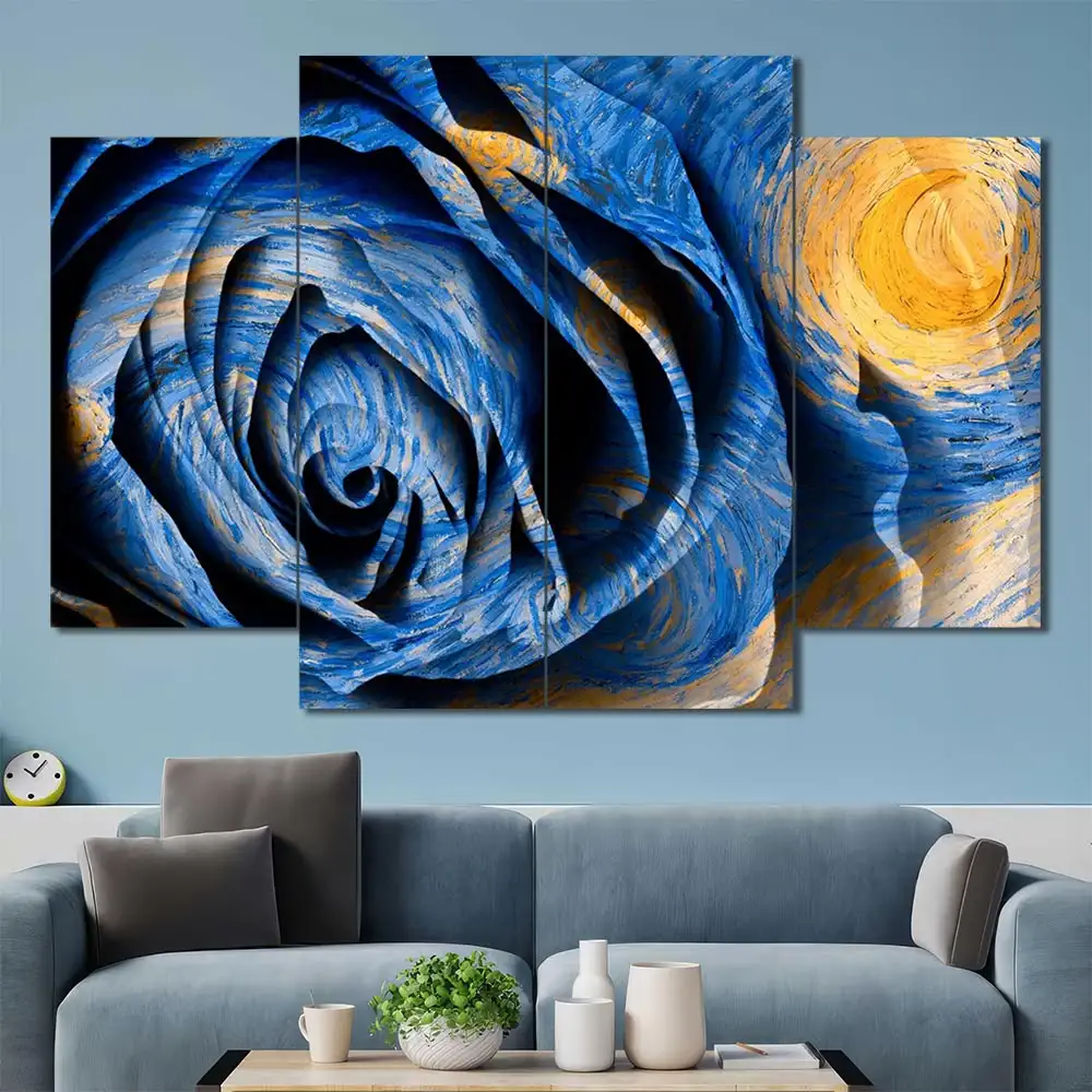Blue Rose Canvas Wall Art featuring blue rose in a digital art composition 4 Panels Diamond Layout