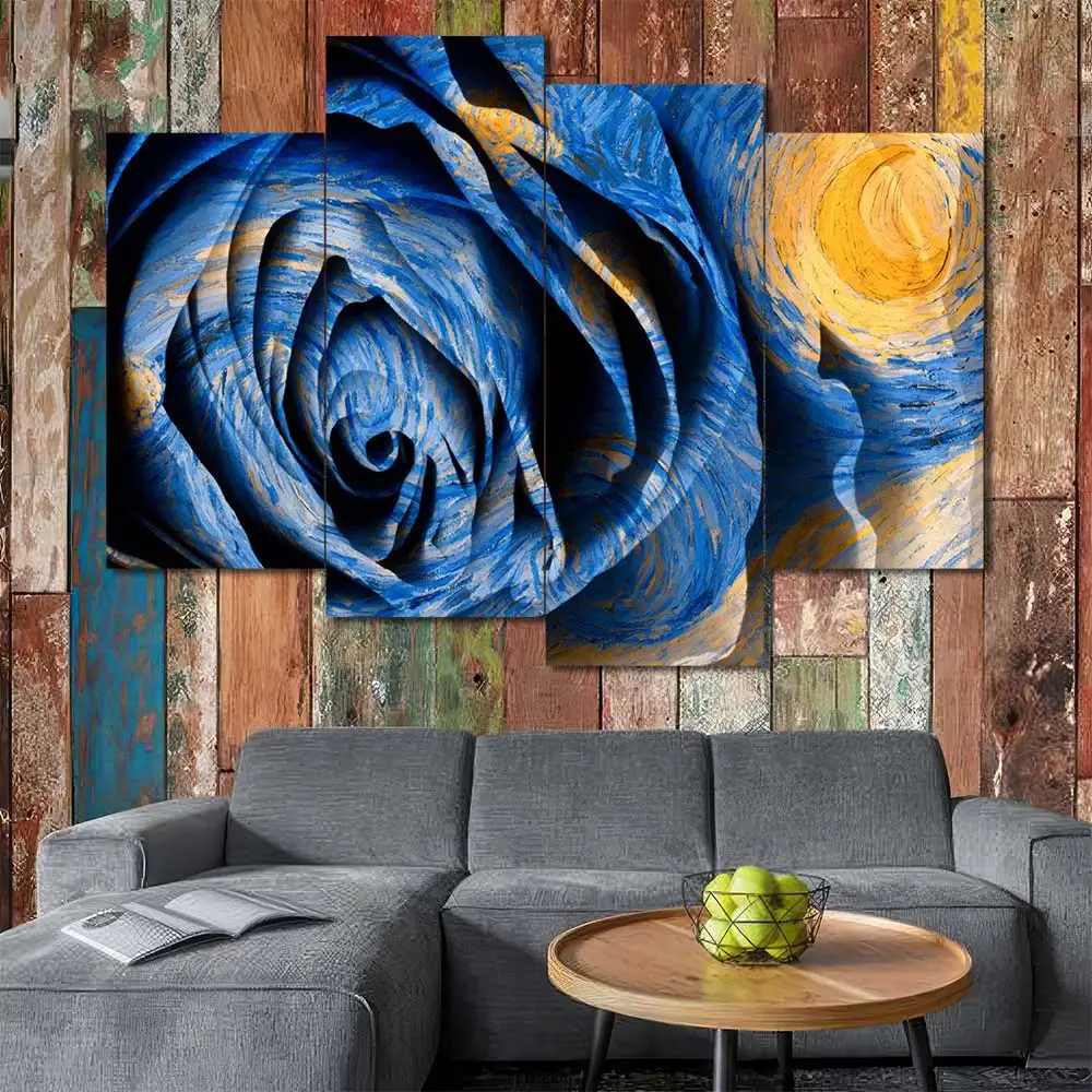 Blue Rose Canvas Wall Art featuring blue rose in a digital art composition 4 Panels Uneven Layout