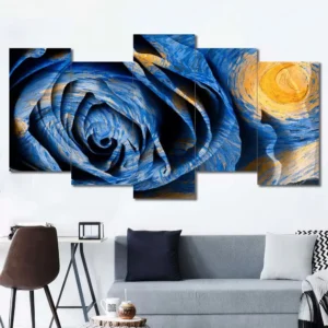 Blue Rose Canvas Wall Art featuring blue rose in a digital art composition 5 Panels Uneven Layout