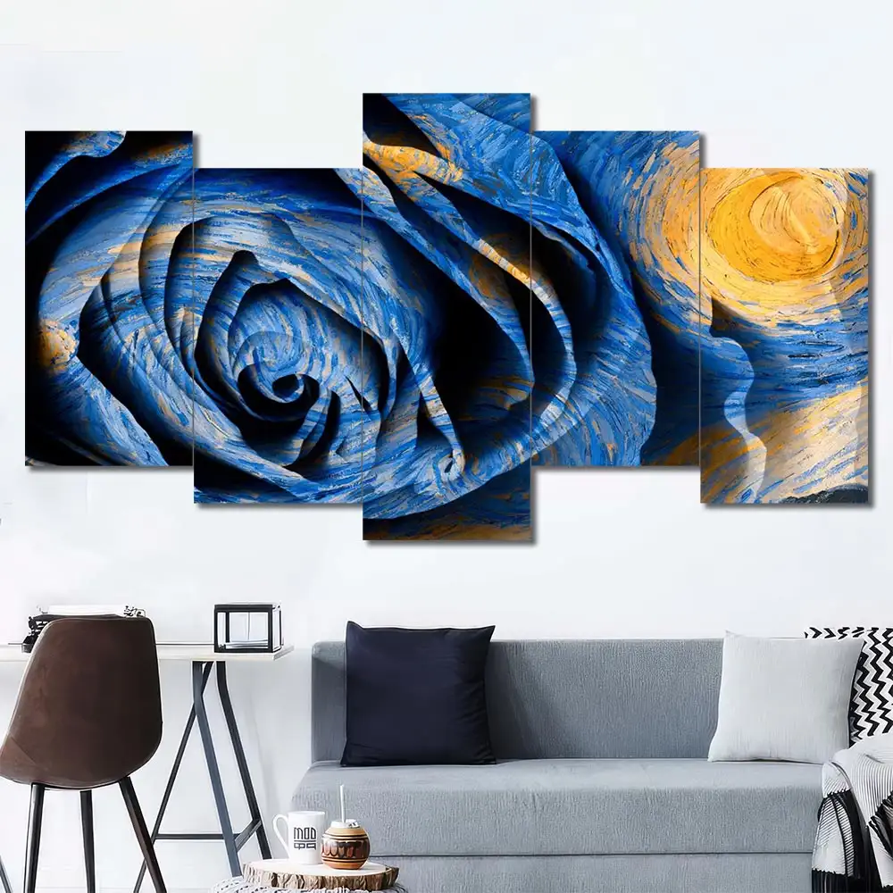 Blue Rose Canvas Wall Art featuring blue rose in a digital art composition 5 Panels Uneven Layout