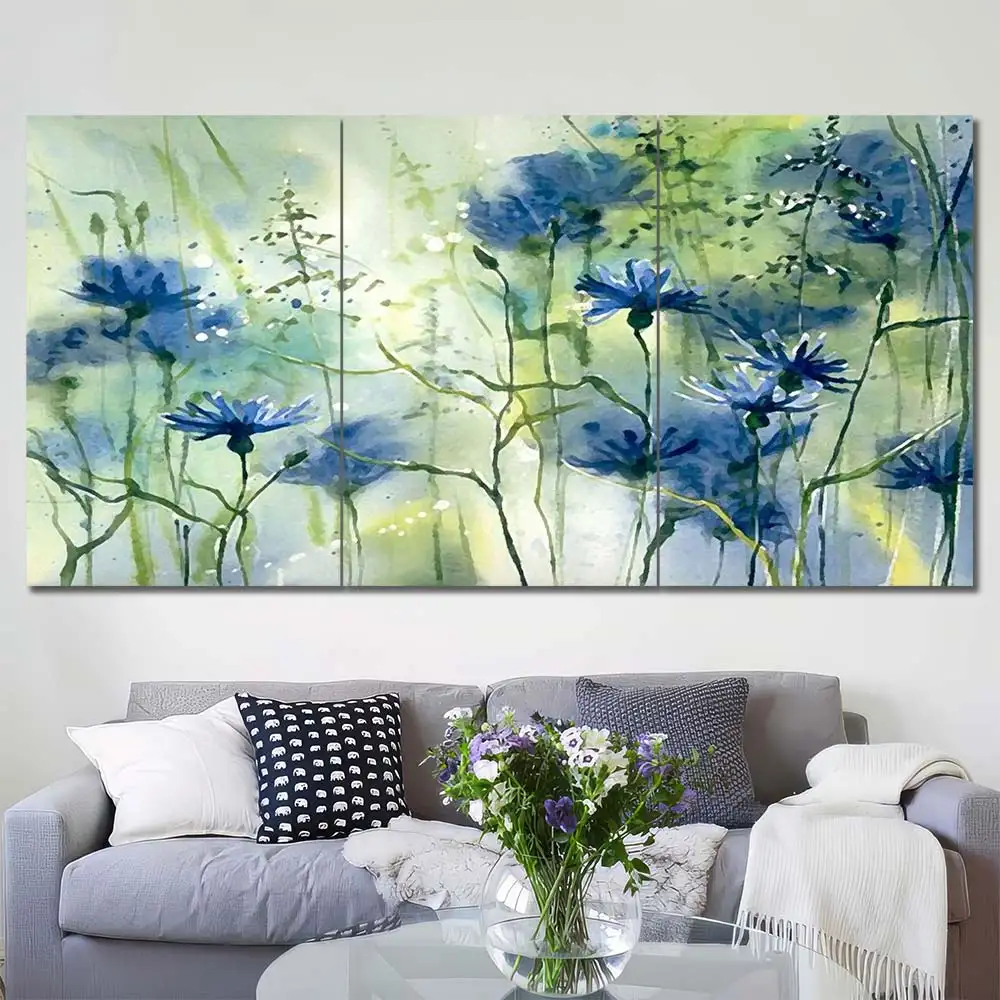 Blue Wildflowers Canvas Wall Art featuring blue wildflowers in a watercolor composition 3 Panels Regular Layout