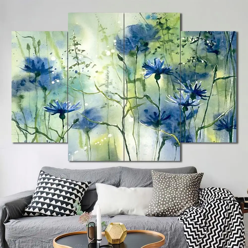 Blue Wildflowers Canvas Wall Art featuring blue wildflowers in a watercolor composition 4 Panels Diamond Layout