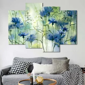Blue Wildflowers Canvas Wall Art featuring blue wildflowers in a watercolor composition 4 Panels Uneven Layout